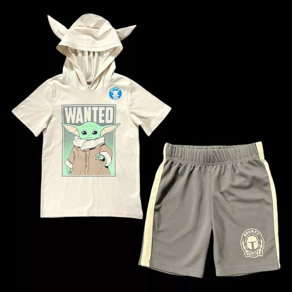 Star Wars Baby Yoda Little Boys Hoodie Tee & Shorts Set Size 5 Gray 2pc Outfit